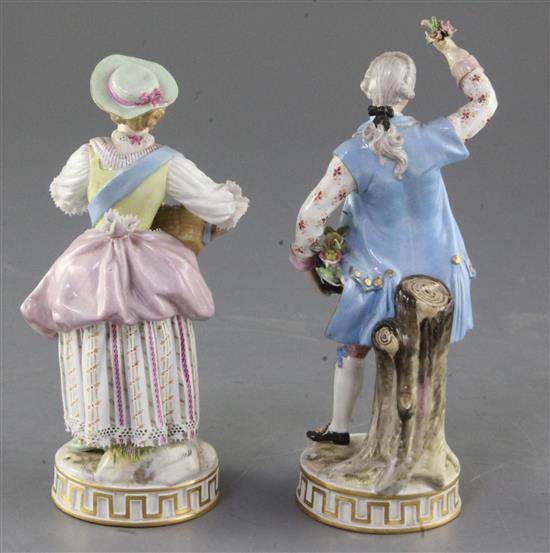 A pair of Meissen figures of gardeners, late 19th century, 17.5cm and 16cm, some restoration to the gentleman